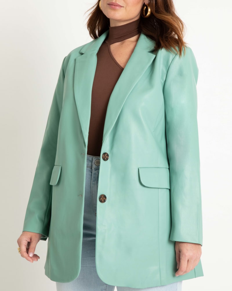 Plus size model wearing Tammy Statement Faux Leather Blazer by ELOQUII | Dia&Co | dia_product_style_image_id:189292